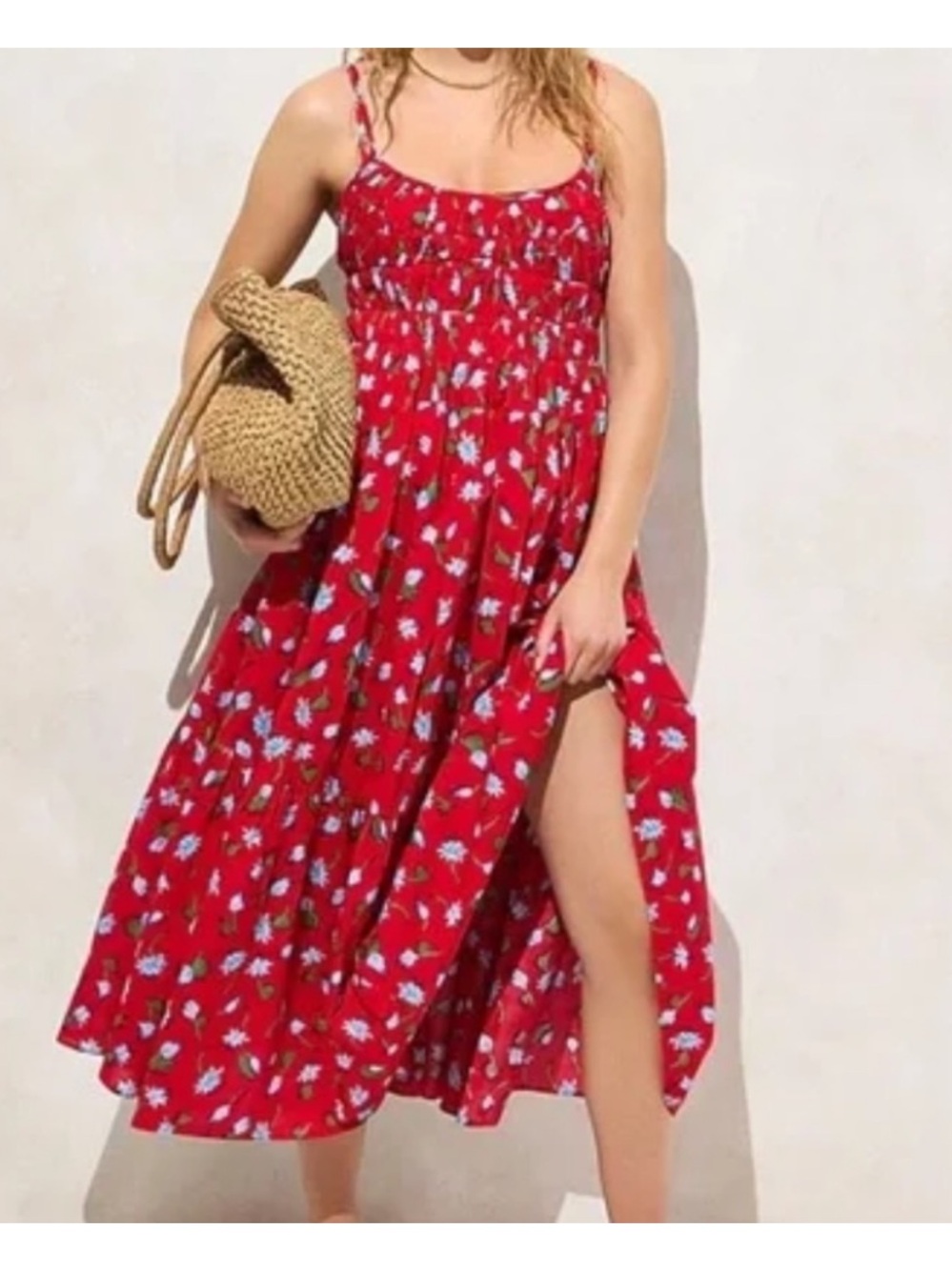J Crew Tie Back Red Floral Midi Tiered Sundress